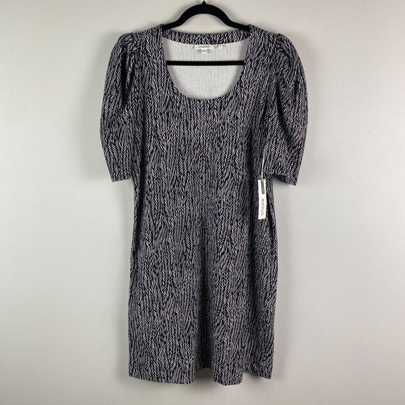 Chicos Zenergy French Terry Print Dress Sz 1 US M Black White Elbow Puff Sleeve - Picture 1 of 11